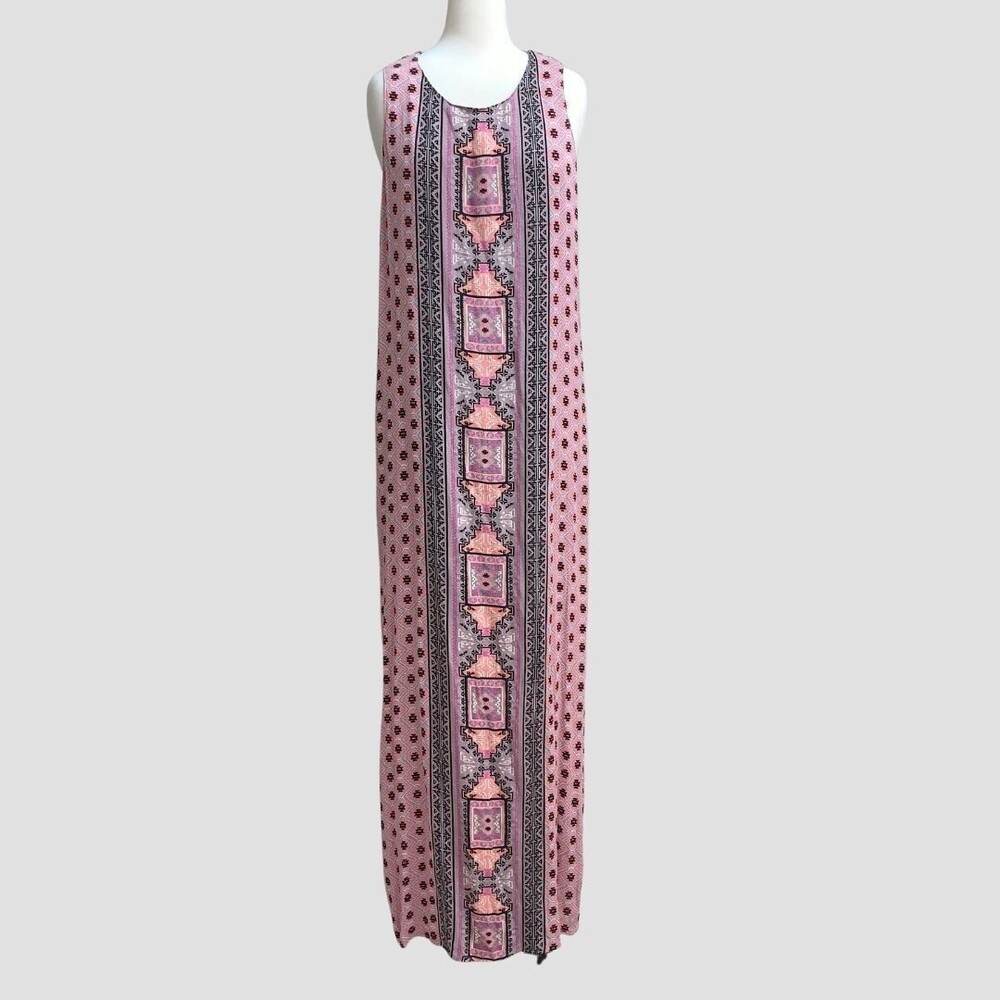 Xhilaration Women Shift Dress Maxi Racer Back Lined Side Slit Pink Black Aztec M